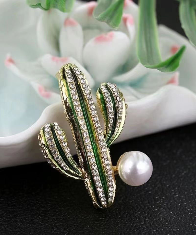 Green Alloy Zircon Pearl Drip Glaze Cactus Brooches