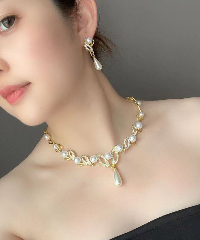 Gold Alloy Pearl Zircon Pendant Necklace