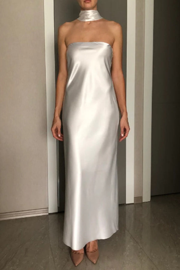 Satin Color Strapless Slim Maxi Dress