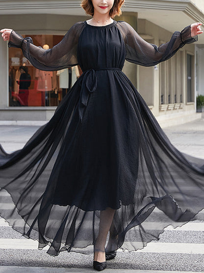 Long Sleeves Loose Falbala Gauze Pleated Color Tied Waist Round-neck Maxi Dresses