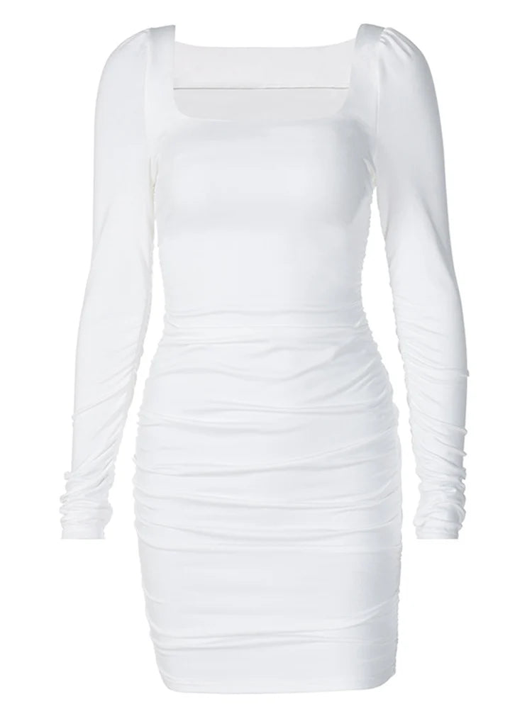 Ruched Long Sleeve Mini Dress Bodycon Party Autumn Winter Club White Clothes