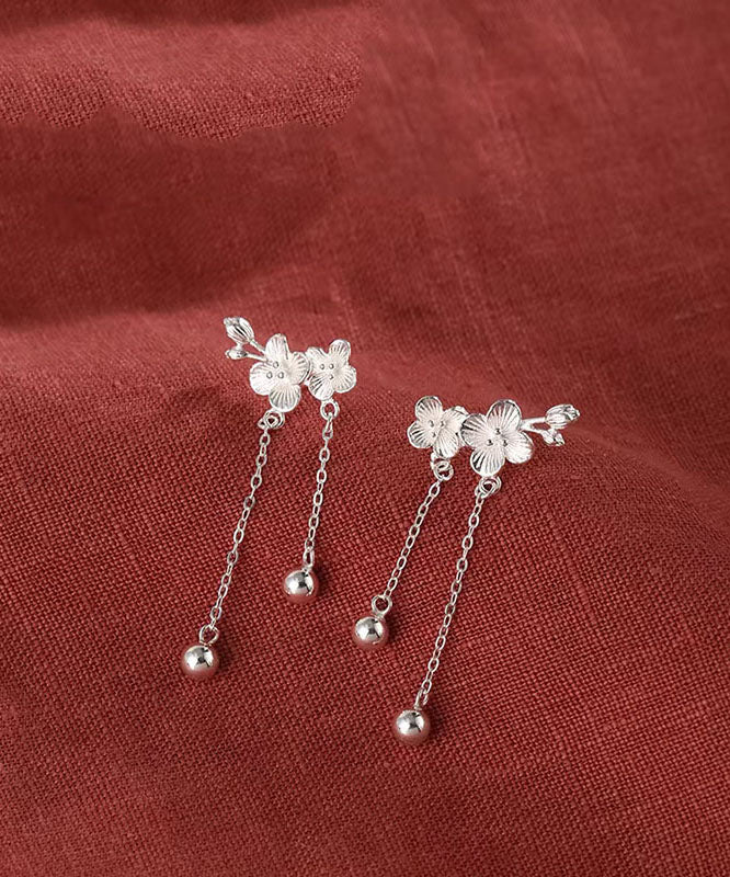 White Sterling Silver Plum Blossom Tassel Drop Earrings