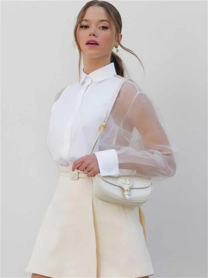Mesh See-through Shirts Patchwork Sheer Lapel Crop Top Long Sleeve High Waist Female Blouse