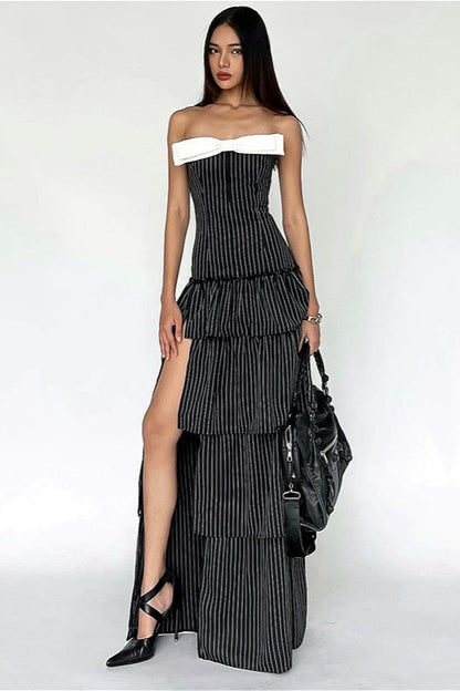 Striped Ruffle Hem Strapless Maxi Dress