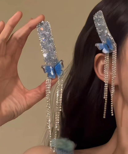 Blue Alloy Zircon Butterfly Tassel a Pair Hairpin