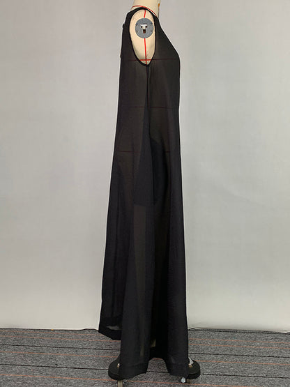 A-line Loose Pockets See-through Color Round-neck Cover-up Midi Dresses
