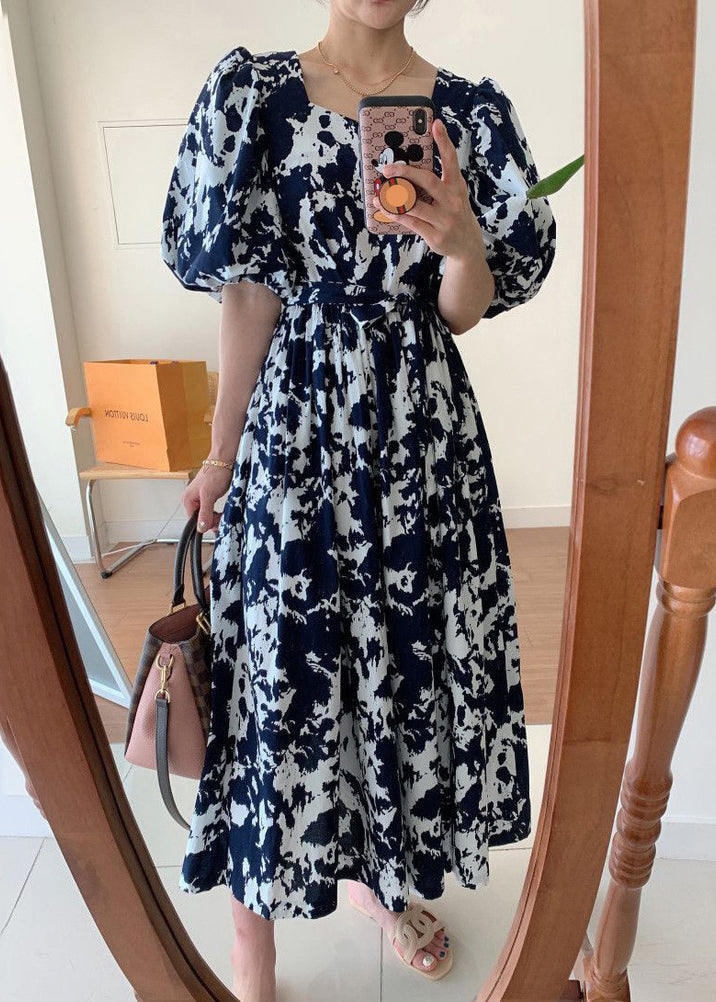 Black Square Collar Print Cotton Long Dress Summer Qp005