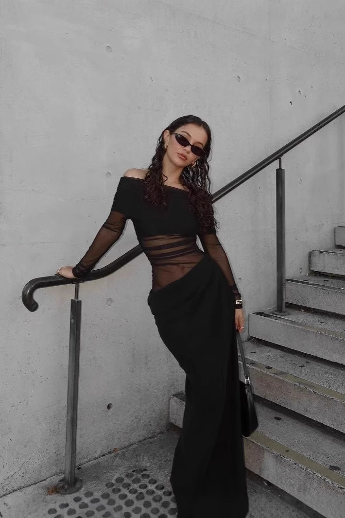 Off-shoulder Sheer Bodycon Waist-exposing Maxi Dress