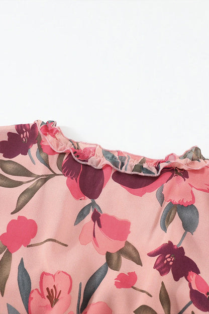 Pastel Red Print Ruffle Trim Plunge Neckline Maxi Dress