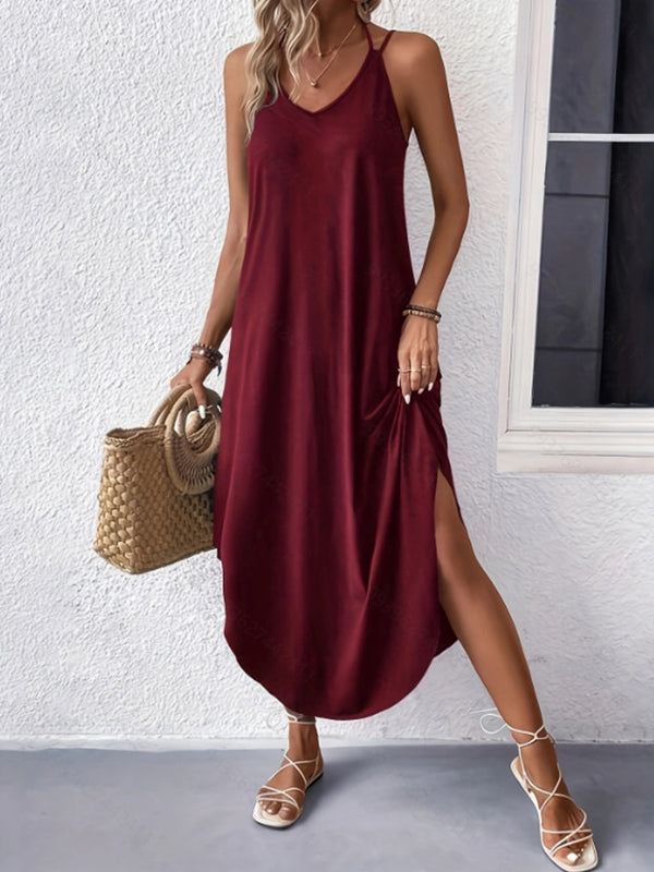 Loose Color Spaghetti-neck Maxi Dresses