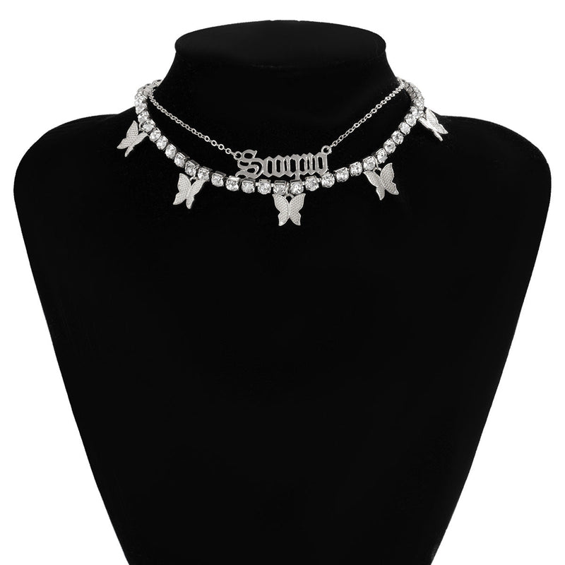 Multi-butterfly Necklace Simple Retro Letter Flash Diamond Collarbone Necklace