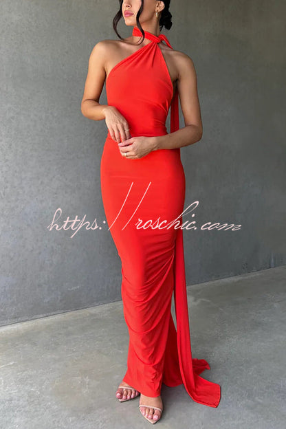 Backless Pleated Slim Color Sleeveless Maxi Dress