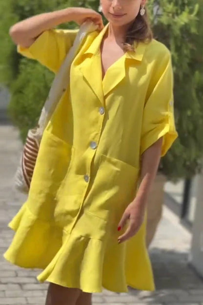 Color Lapel Pocket Ruffle Loose Mini Dress