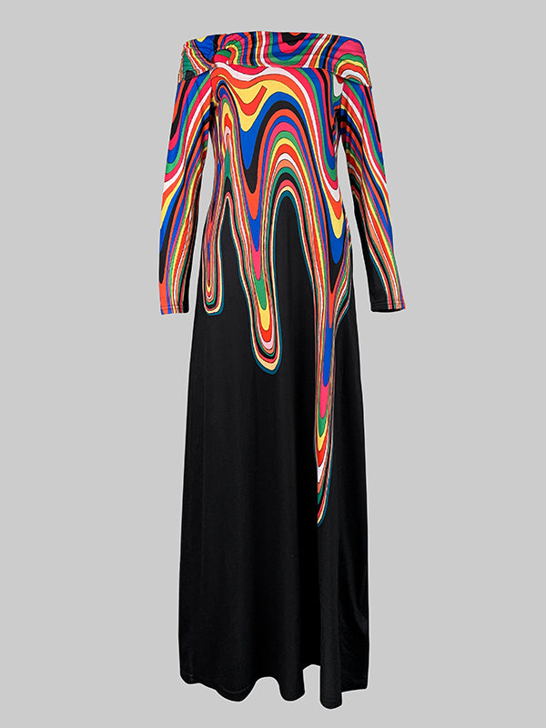 Long Sleeves Colorful Contrast Color Printed Off-the-shoulder Maxi Dresses