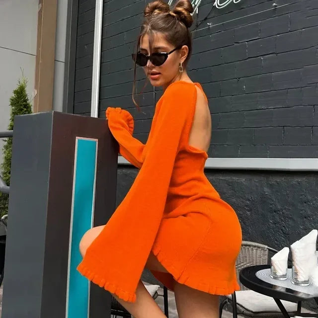 Knitted Backless Mini Dress for Lace Up Loose Short Dresses Hot Club High Waist Dress Femme
