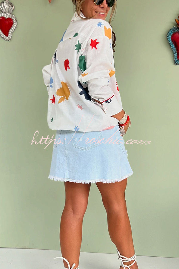 Cue the Sunshine Linen Blend Unique Print Button Long Sleeve Loose Blouse