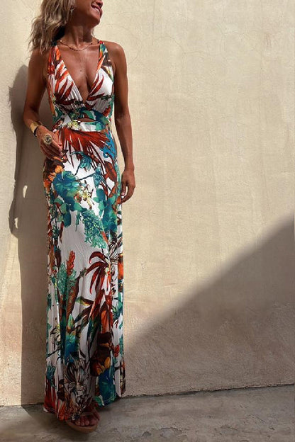 Rainforest Paradise Tropical Print Cutout Back Crossover Stretch Maxi Dress