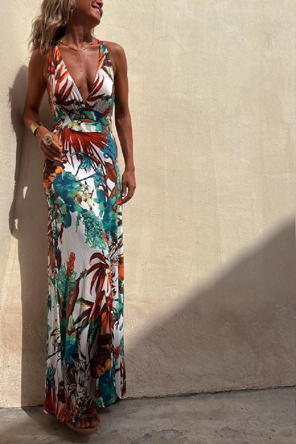 Rainforest Paradise Tropical Print Cutout Back Crossover Stretch Maxi Dress