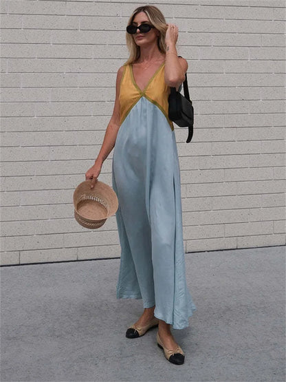 Patchwork V-neck Strapless Maxi Dress – Sleeveless Spring Party Dress