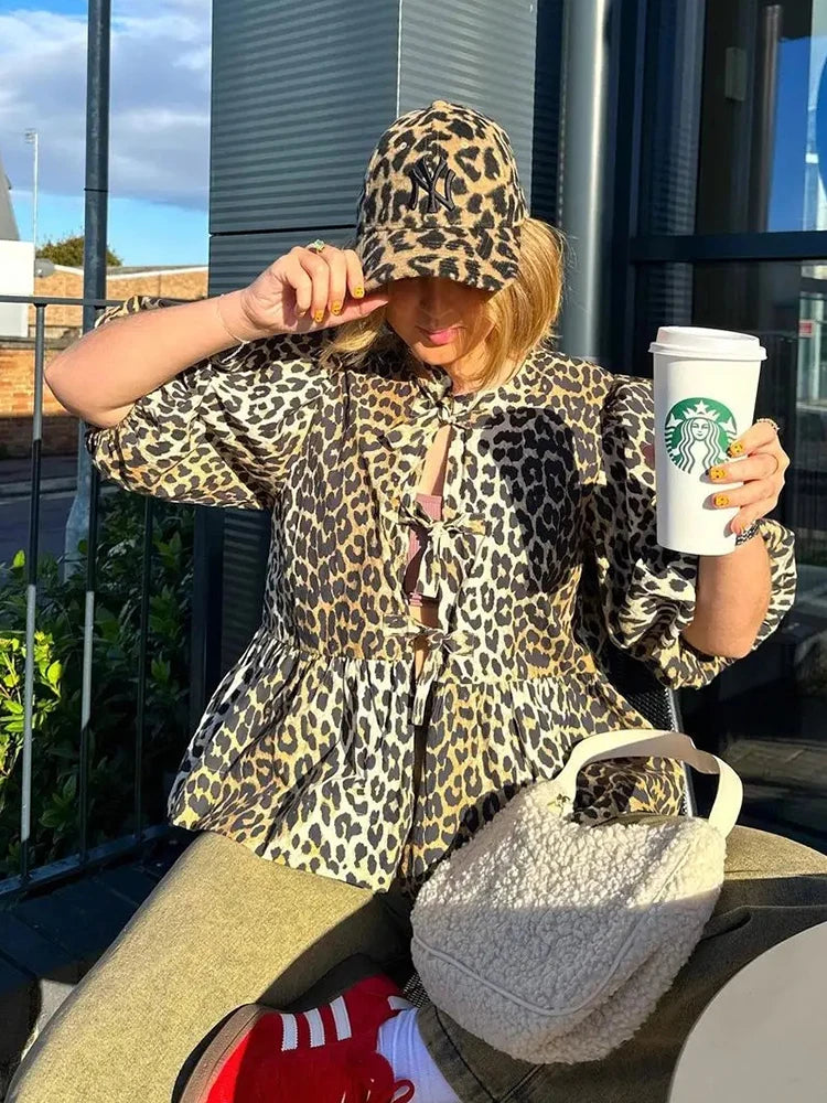 Leopard Shirts for Spring Loose Puff Sleeve Blouse Female Lace Up Cropped Top Ruffled