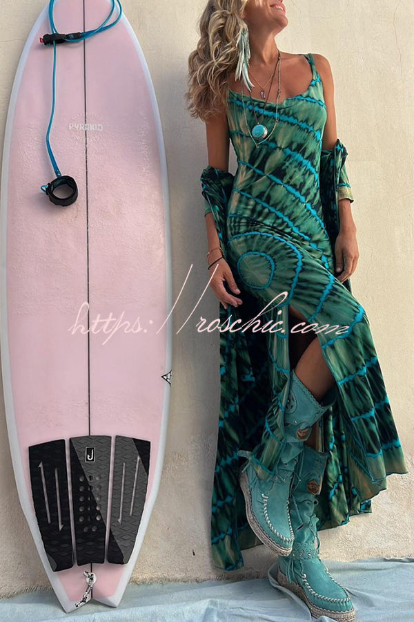 Tie-dye Print Cowl Neck Stretch Slit Midi Dress
