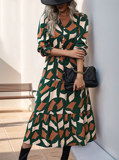 A-line Long Sleeves Buttoned Elasticity Pleated Printed Split-joint Tied Waist V-neck Midi Dresses