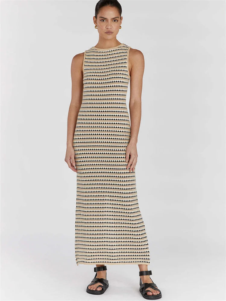 Striped See-through Long Dress Female Sleeveless High Waist Patchwork Beach Dress Knit Maxi Dress Summer