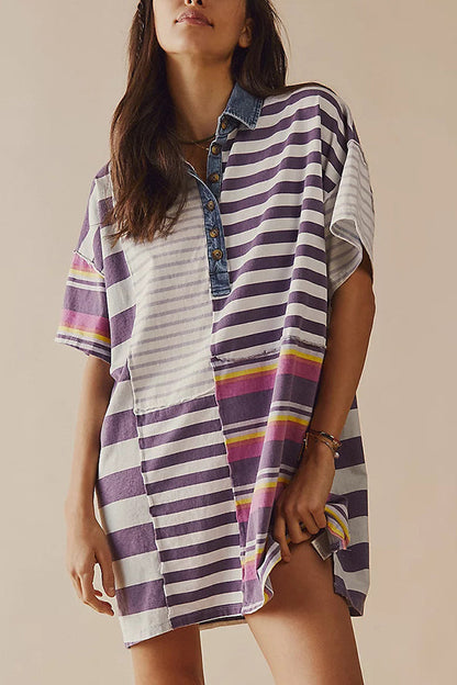 Contrast Striped Patchwork Denim Lapel Loose Mini Dress