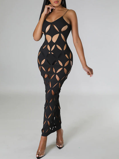 Black Laser-cut Maxi Dress Cover-up and Black Bikini