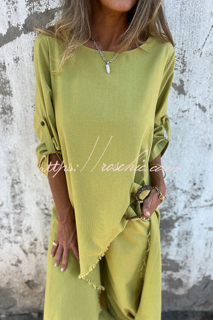 Jamilah Linen Blend Ring Detail Midi Blouse and Elastic Waist Pocketed Loose Pants Set