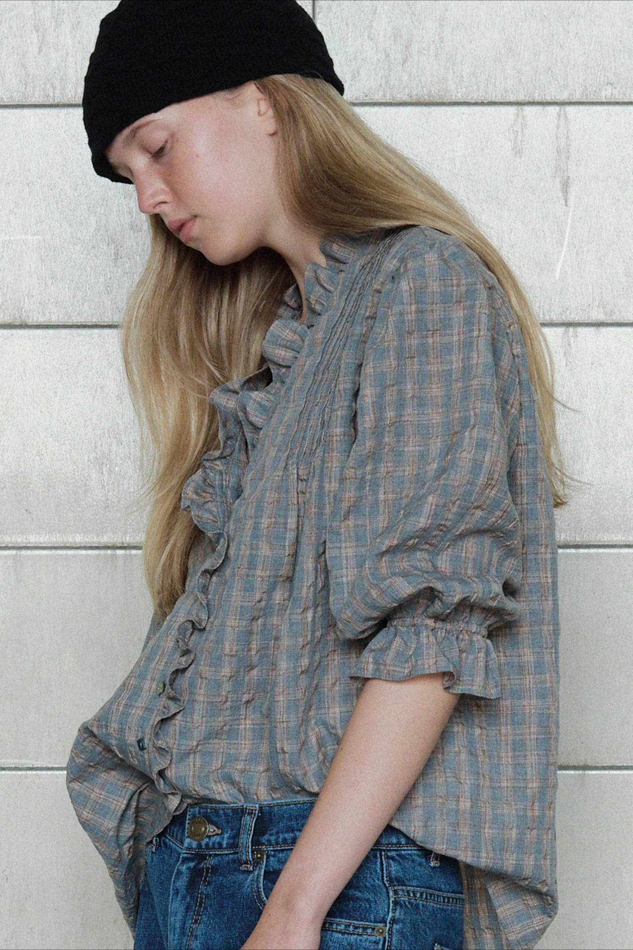 Plaid Ruffle Long Sleeve Blouse