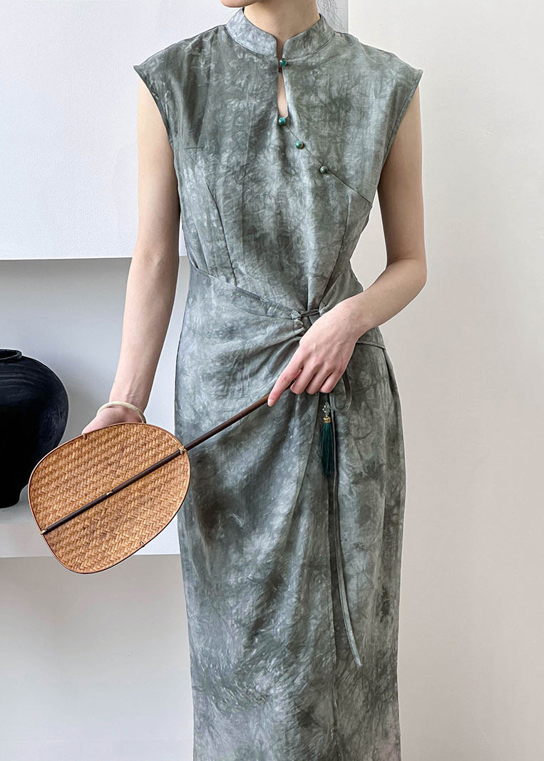 New Grey Button Lace Up Silk Cotton Long Dress Summer Af1012