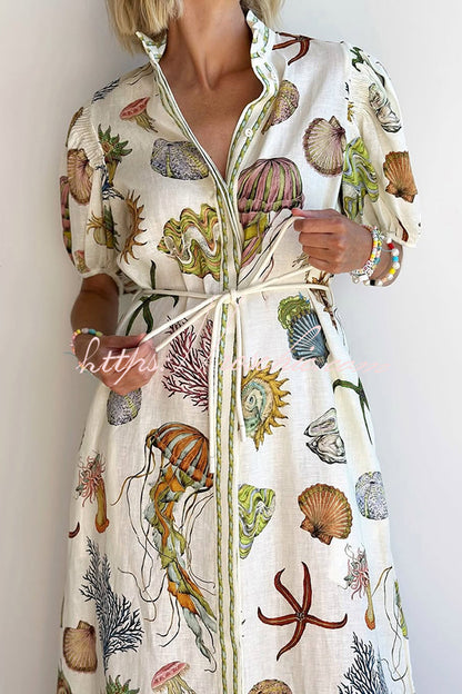 Beach Shell Print Puff Sleeve Tie-waist Midi Dress