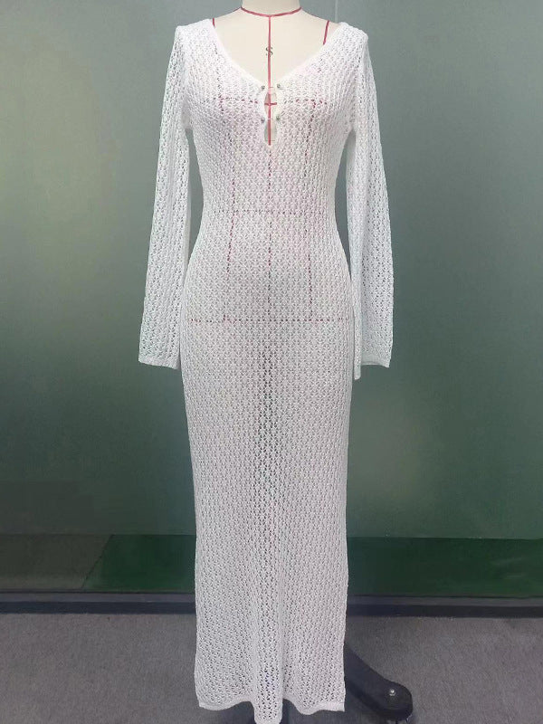 Hollow See-through Smocked Color Sun Protection Deep V-neck Beach Cover-up Maxi Dresses