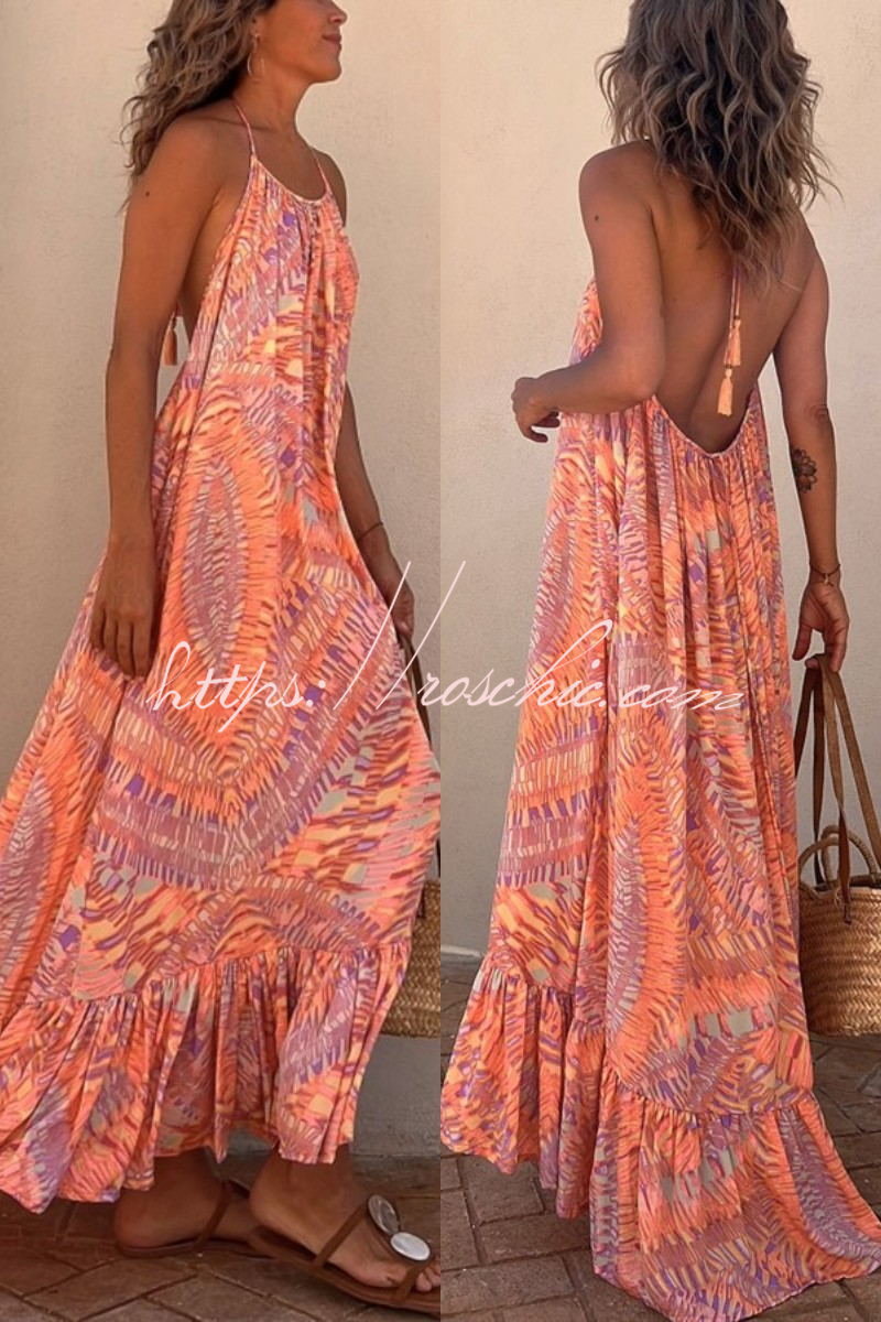 Sunita Print A-line Halter Tassel Vacation Maxi Dress