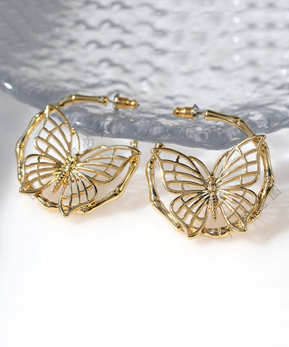Gold Sterling Silver Overgild Butterfly Hollow Out Hoop Earrings