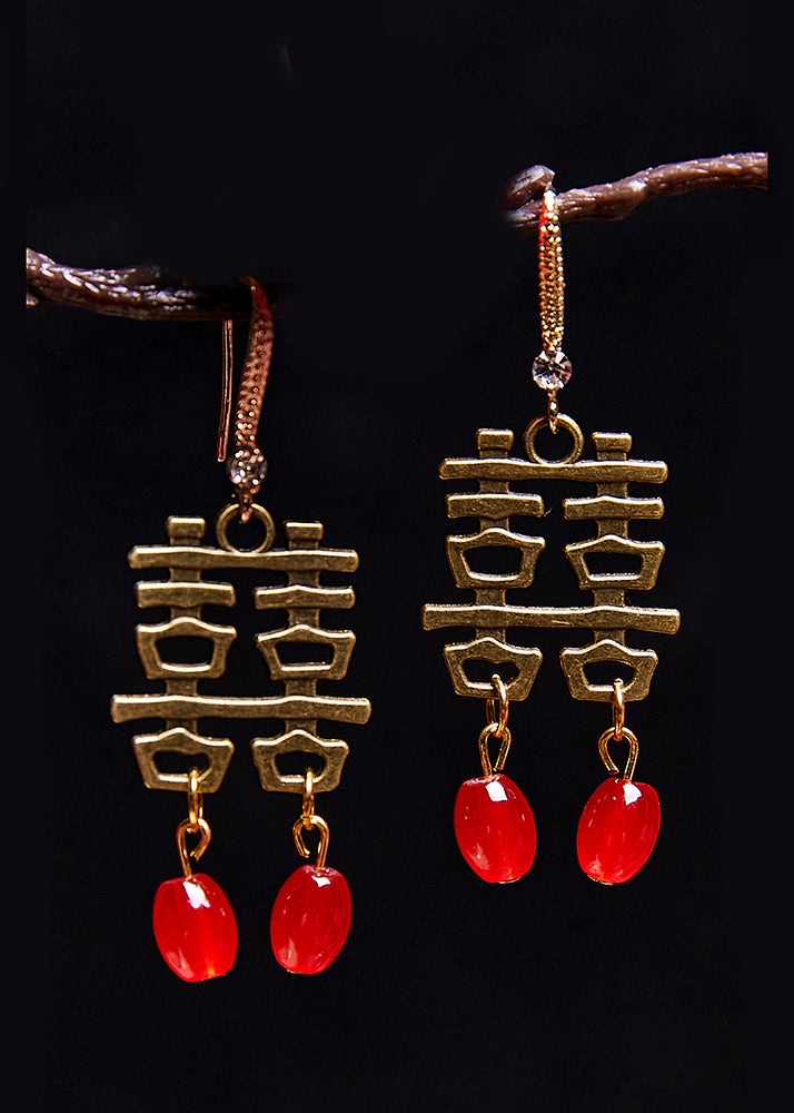 Handmade Xi Character Copper Wedding Drop Earrings