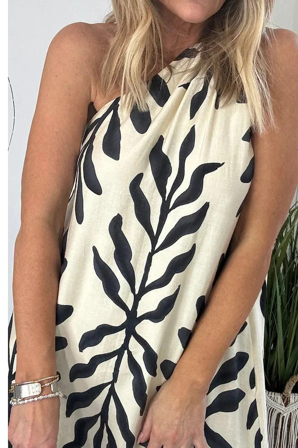 Unique Printed One Shoulder Pocketed Loose Maxi Dress