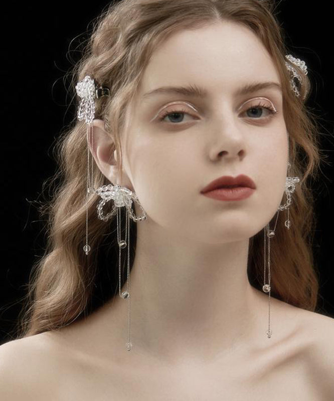 White Alloy Crystal Butterfly Tassel Drop Earrings