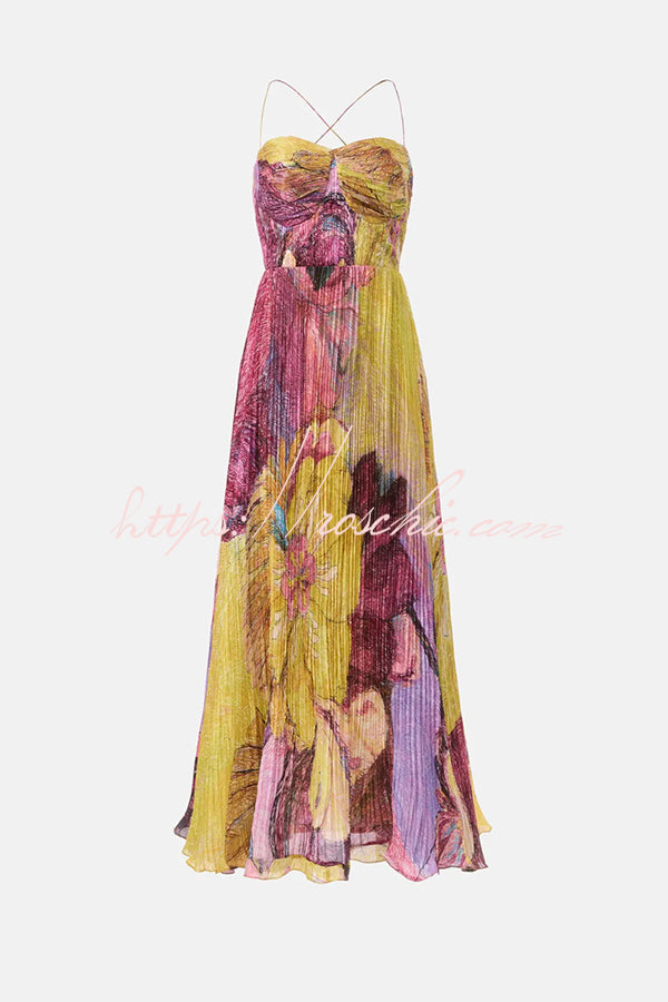 Vibrant and Bold Print Sweetheart Neck Pleated Maxi Dress