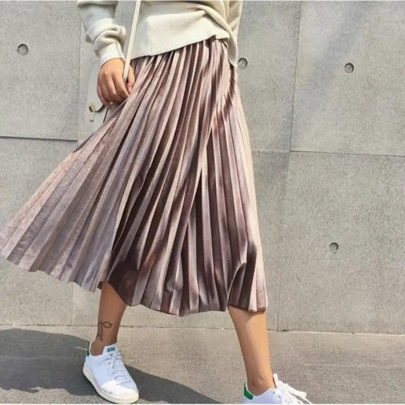 Spring Long Metallic Silver Maxi Pleated Skirt Midi Skirt High Waist Elascity Party Skirt
