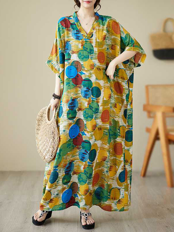 Batwing Sleeves Half Sleeves Contrast Color Polka-dot V-neck Maxi Dresses