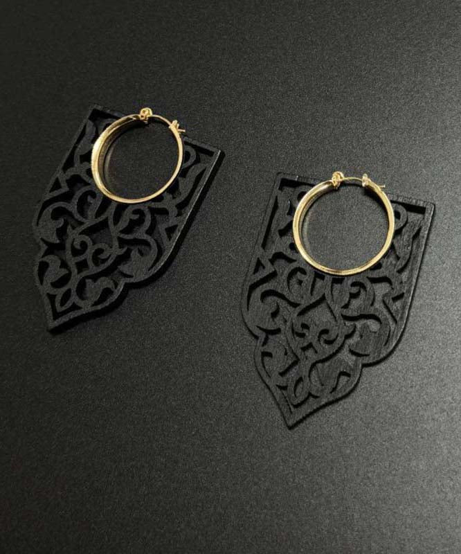 Black Wooden Hollow Out Hoop Earrings