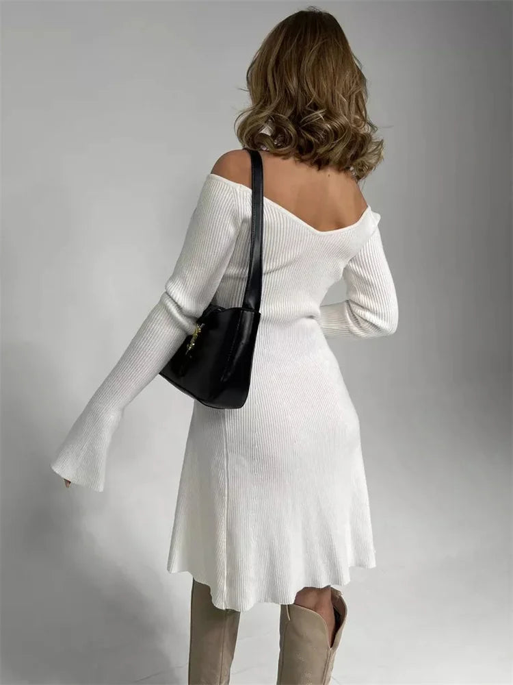 Knit Off-shoulder V-neck Mini Dress for Ribbed Loose High Waist Long Sleeve Knitwear Dress ’s Mini Dress