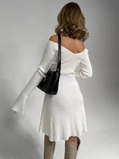 Knit Off-shoulder V-neck Mini Dress for Ribbed Loose High Waist Long Sleeve Knitwear Dress ’s Mini Dress