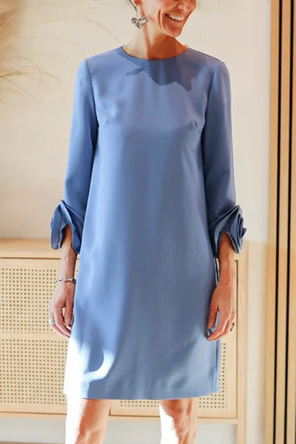 Meina Flower Decorated Cuffs Round Neck Pocket Mini Dress
