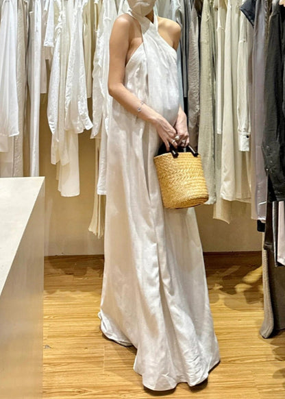 New White Cold Shoulder Cotton Maxi Dresses Sleeveless Ee011