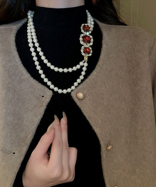 Red Alloy Zircon Bilayer Pearl Gratuated Bead Necklace