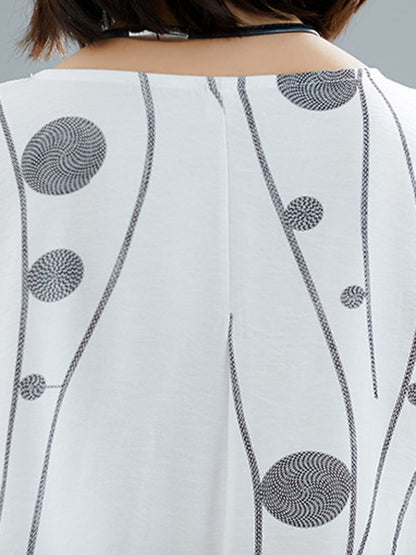 Loose Short Sleeves Printed Round-neck Midi Dresses