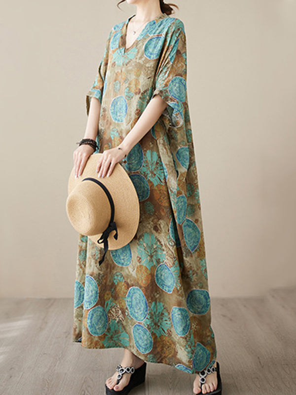 Loose Short Sleeves Printed V-neck Maxi Dresses